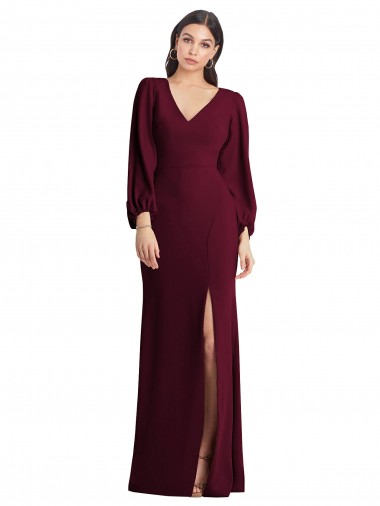 Outlet Stretch Crepe V-Neck Puff Sleeves Long Semi Formal Evening Dress
