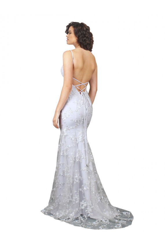 Outlet Stretch Crepe & Sequin Tulle V-Neck Sleeveless Open Back Long Formal Evening Dress